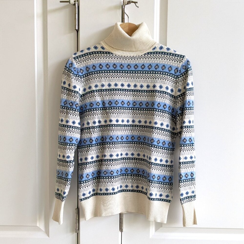LL Bean Fair Isle Sweater SP Cream Blue Cotton Cashmere Turtleneck Jumper
